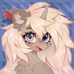 Size: 2480x2480 | Tagged: safe, artist:arisuyukita, imported from derpibooru, oc, oc only, oc:arisu yukita, unicorn, bust, chest fluff, ear fluff, feather, heterochromia, horn, open mouth, portrait, solo