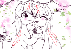 Size: 2360x1640 | Tagged: safe, imported from derpibooru, oc, alicorn, earth pony, pegasus, pony, unicorn, commission, couple, cute, duo, horn, ych sketch, your character here