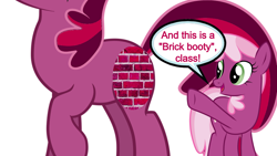 Size: 1920x1080 | Tagged: safe, edit, imported from derpibooru, cheerilee, earth pony, brick, brick booty, forced meme, meme, recolor, simple background, speech bubble, white background