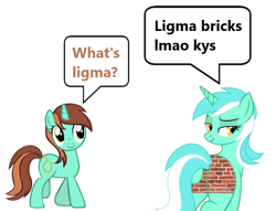 Size: 696x532 | Tagged: safe, artist:mlptmntfan2000, artist:theshadowstone, edit, imported from derpibooru, lyra heartstrings, pony, unicorn, brick, brick booty, dialogue, duo, female, forced meme, horn, ligma, mare, meme, recolor, rude, simple background, smug, speech bubble, white background