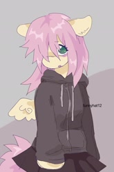 Size: 1349x2048 | Tagged: safe, artist:funnyhat12, imported from derpibooru, fluttershy, anthro, pegasus, pony, clothes, female, hair over one eye, hoodie, skirt