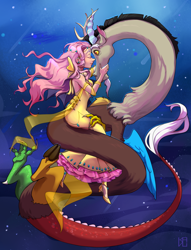 Size: 1300x1700 | Tagged: safe, artist:kavli-kaffel, imported from derpibooru, discord, fluttershy, human, breasts, clothes, discoshy, dress, ear piercing, earring, female, humanized, jewelry, male, moonlight, night, piercing, shipping, stars, straight