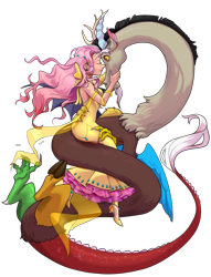 Size: 1300x1700 | Tagged: safe, artist:kavli-kaffel, imported from derpibooru, discord, fluttershy, human, breasts, clothes, discoshy, dress, female, humanized, male, shipping, simple background, straight, transparent background