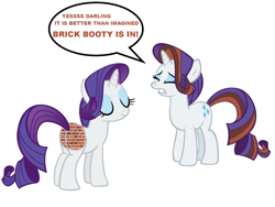 Size: 1600x1200 | Tagged: safe, edit, imported from derpibooru, rarity, pony, unicorn, brick booty, butt, eyes closed, fashion, fashion style, female, forced meme, horn, mare, meme, plot, recolor, simple background, speech bubble, tail, text, toy, white background