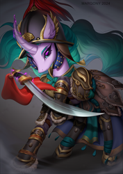 Size: 1061x1500 | Tagged: safe, artist:margony, imported from derpibooru, mistmane, pony, unicorn, armor, commission, convincing armor, epic, female, glowing, glowing horn, helmet, horn, levitation, magic, mare, solo, sword, telekinesis, weapon