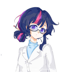 Size: 750x750 | Tagged: safe, artist:mumujiaowoshuxueyingyuhehuaxue, imported from derpibooru, twilight sparkle, human, alternate hairstyle, clothes, female, glasses, hair bun, humanized, lab coat, looking at you, pencil, pencil in hair, simple background, solo, white background