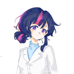 Size: 750x750 | Tagged: safe, alternate version, artist:mumujiaowoshuxueyingyuhehuaxue, imported from derpibooru, twilight sparkle, human, clothes, female, hair bun, humanized, lab coat, pencil, pencil in hair, simple background, solo, white background, white coat