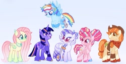 Size: 680x347 | Tagged: safe, artist:peeperzcreeperz, imported from derpibooru, applejack, fluttershy, pinkie pie, rainbow dash, rarity, twilight sparkle, alicorn, pegasus, pony, unicorn, amputee, bandana, glasses, glasses rarity, goggles, group, horn, lady looks like a dude, mane six, prosthetic leg, prosthetic limb, prosthetics, redesign, twilight sparkle (alicorn), unshorn fetlocks, wheelchair