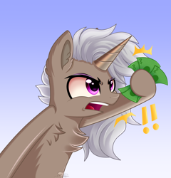 Size: 1644x1716 | Tagged: safe, artist:schwinarts, imported from derpibooru, oc, oc only, oc:friday (exodust), pony, unicorn, chest fluff, commission, ear fluff, exclamation point, eyebrows, eyebrows visible through hair, eyeshadow, fluffy, gradient background, grey hair, horn, makeup, male, money, screaming, shut up and take my money, solo, stallion, unicorn oc, ych result