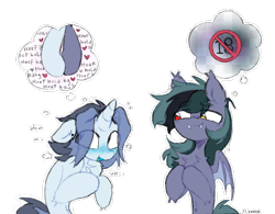 Size: 912x713 | Tagged: safe, artist:flixanoa, imported from derpibooru, oc, oc only, oc:fef, oc:scrimmy, bat pony, pony, unicorn, bat pony oc, bat wings, belly fluff, big eyes, blue blush, blue coat, blue mouth, blue tongue, blushing, censored, chest fluff, colored mouth, colored tongue, colored wings, commission, duo, duo male, ear fluff, ear piercing, ear tufts, earring, emanata, eye clipping through hair, eyebrows, eyebrows visible through hair, fangs, floppy ears, fluffy, gauges, gay, gray coat, green tail, grin, heterochromia, hock fluff, holding hooves, hoof hold, hooves together, horn, human shoulders, jewelry, lewd, lewd thoughts, lidded eyes, light blue coat, long mane, long mane male, looking at someone, looking away, male, male oc, nervous, nervous grin, nose blush, oc x oc, open mouth, open smile, outline, partially open wings, piercing, plewds, procreate app, shipping, shoulder fluff, signature, simple background, slender, smiling, smiling at someone, stallion, stallion oc, tail, text, thick horn, thin, thinking, thought bubble, three toned mane, transparent background, two toned mane, two toned wings, unicorn oc, wings, ych example, your character here