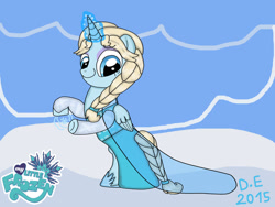 Size: 1024x768 | Tagged: safe, artist:daniarts19, imported from derpibooru, alicorn, pony, 2015, blue background, braid, clothes, disney, dress, elsa, eyeshadow, female, folded wings, frozen (movie), horn, logo parody, looking down, makeup, mare, ponified, simple background, smiling, snow, snowflake, solo, standing on two hooves, wings