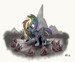 Size: 2200x1819 | Tagged: safe, artist:lytlethelemur, imported from derpibooru, rainbow dash, pegasus, pony, alternate timeline, apocalypse dash, crystal war timeline, female, jewelry, mare, solo, tiara, torn earr