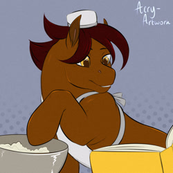 Size: 1600x1600 | Tagged: safe, artist:acry-artwork, imported from derpibooru, oc, oc only, earth pony, pony, abstract background, apron, baking, book, clothes, earth pony oc, reading, solo