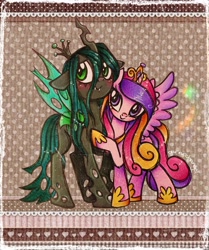 Size: 2372x2840 | Tagged: safe, artist:dariarchangel, imported from derpibooru, princess cadance, queen chrysalis, alicorn, changeling, changeling queen, pony, big eyes, blushing, cadalis, cadance's crown, colored wings, crown, cuddling, curved horn, cute, cutealis, cutedance, daaaaaaaaaaaw, duo, duo female, fangs, female, floppy ears, gradient wings, green eyes, green hair, green mane, green tail, height difference, hoof shoes, horn, in love, infidelity, insect wings, jewelry, lesbian, long hair, long horn, long mane, long tail, looking at someone, looking away, multicolored hair, multicolored mane, multicolored tail, multicolored wings, peytral, pink coat, princess shoes, purple eyes, raised hoof, regalia, shipping, smiling, spread wings, standing on three hooves, tail, tattered, tattered wings, three toned hair, three toned mane, three toned tail, torn wings, traditional art, transparent wings, two toned wings, wholesome, wings