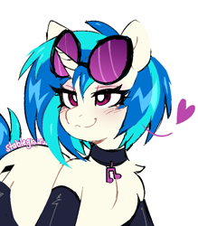 Size: 700x800 | Tagged: safe, artist:stablegrass, imported from derpibooru, dj pon-3, vinyl scratch, pony, unicorn, :3, bedroom eyes, blushing, choker, clothes, eyeshadow, female, glasses, heart, horn, human shoulders, lidded eyes, makeup, mare, music notes, signature, simple background, smiling, socks, solo, sunglasses, sunglasses on head, tail, thigh highs, two toned mane, two toned tail, watermark, white background