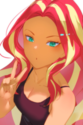 Size: 813x1226 | Tagged: safe, artist:alba_pura, imported from derpibooru, sunset shimmer, human, equestria girls, bare shoulders, breasts, cleavage, collarbone, female, looking at you, peace sign, simple background, sleeveless, solo, white background