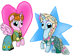 Size: 1024x768 | Tagged: safe, artist:daniarts19, imported from derpibooru, alicorn, pony, anna (frozen), braid, clothes, cute, disney, dress, duo, elsa, eyeshadow, female, flower, flower in hair, folded wings, frozen (movie), frozen fever, looking at you, makeup, ponified, rearing, siblings, simple background, sisters, smiling, spread wings, standing on three hooves, sunflower, transparent background, wings