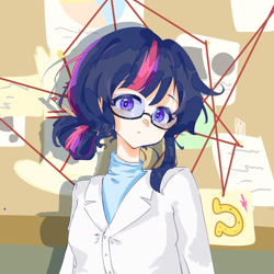 Size: 1680x1680 | Tagged: safe, artist:mumujiaowoshuxueyingyuhehuaxue, imported from derpibooru, twilight sparkle, human, alternate hairstyle, clothes, female, glasses, hair bun, humanized, lab coat, looking at you, pencil, pencil in hair, solo