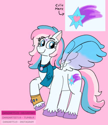 Size: 810x935 | Tagged: safe, artist:daniarts19, imported from derpibooru, star catcher, pegasus, pony, alternate universe, bracelet, clothes, colored wings, daniverse, female, g3, jewelry, light pink background, mare, necklace, redesign, scarf, simple background, smiling, solo, spread wings, standing on three hooves, three toned mane, two toned wings, unshorn fetlocks, wings