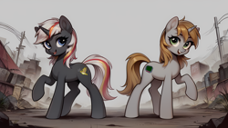 Size: 5120x2880 | Tagged: prompter needed, source needed, safe, imported from derpibooru, oc, oc only, oc:littlepip, oc:velvet remedy, pony, unicorn, fallout equestria, ai content, ai generated, duo, horn, unicorn oc