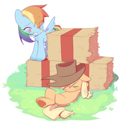 Size: 1680x1680 | Tagged: safe, artist:mohuansi, imported from derpibooru, applejack, rainbow dash, earth pony, pegasus, pony, duo, duo female, eyebrows, eyebrows visible through hair, eyes closed, female, hay bale, mouth hold, simple background, sleeping, straw in mouth, white background