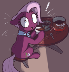 Size: 2300x2400 | Tagged: safe, artist:t72b, imported from derpibooru, jasmine leaf, earth pony, pony, betrayal, caught, coffee, coffee cup, cup, dark, drink, female, from above, hoof hold, looking at you, looking back, looking back at you, mare, neckerchief, sitting, spilled drink, spoon, surprised