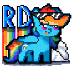 Size: 652x620 | Tagged: safe, artist:xinjinjumin185202104434, imported from derpibooru, rainbow dash, pegasus, pony, cloud, digital art, female, folded wings, initials, looking to the left, mare, open mouth, pixel art, rainbow, sunglasses, wings