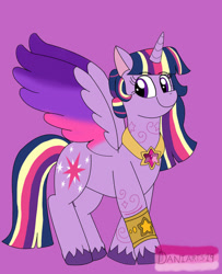 Size: 827x1018 | Tagged: safe, artist:daniarts19, imported from derpibooru, twilight sparkle, alicorn, pony, bracelet, colored wings, female, jewelry, looking to the left, mare, multicolored wings, regalia, smiling, solo, spread wings, twilight sparkle (alicorn), unshorn fetlocks, wings