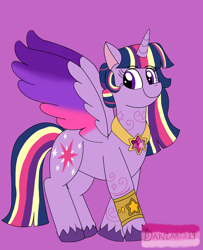 Size: 1680x2066 | Tagged: safe, artist:daniarts19, imported from derpibooru, twilight sparkle, alicorn, pony, bracelet, colored wings, female, jewelry, looking to the left, mare, multicolored wings, regalia, smiling, solo, spread wings, twilight sparkle (alicorn), unshorn fetlocks, wings