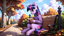 Size: 2560x1440 | Tagged: safe, imported from derpibooru, twilight sparkle, alicorn, pony, ai content, ai generated, autumn, bench, book, bush, clothes, cloud, day, female, fence, generator:pony diffusion v6 xl, generator:stable diffusion, horn, leaf, leaves, mare, park, park bench, prompter:infernum, reading, sitting, solo, sweater, tree, unshorn fetlocks, wallpaper