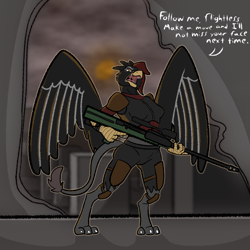 Size: 1600x1600 | Tagged: safe, artist:penandpapernsfw, imported from derpibooru, oc, oc only, oc:ragini, anthro, griffon, fallout equestria, fallout equestria: murky number seven, fanfic art, female, gun, solo, weapon