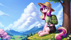 Size: 2560x1440 | Tagged: safe, imported from derpibooru, princess cadance, alicorn, pony, ai content, ai generated, backpack, clothes, cloud, day, female, flower, generator:pony diffusion v6 xl, generator:stable diffusion, horn, looking forward, mare, midriff, prompter:infernum, short shirt, shorts, sitting, solo, spring, tree, unshorn fetlocks