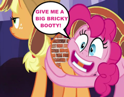 Size: 878x691 | Tagged: safe, edit, imported from derpibooru, applejack, pinkie pie, 1000 hours in ms paint, blue eyes, brick booty, butt, crazy face, dock, duo, duo female, faic, female, forced meme, green eyes, hug, mane, mare, meme, plot, recolor, tail