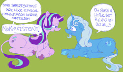 Size: 1168x684 | Tagged: safe, artist:saskaw, imported from derpibooru, starlight glimmer, trixie, classical unicorn, pony, unicorn, blush scribble, blushing, cloven hooves, communism, duo, duo female, female, green background, horn, leonine tail, lesbian, lying down, prone, shipping, simple background, speech bubble, startrix, unshorn fetlocks