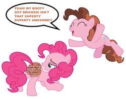 Size: 1317x1037 | Tagged: safe, edit, imported from derpibooru, pinkie pie, earth pony, brick, brick booty, bricks, butt, excited, female, forced meme, jumping, lidded eyes, mare, meme, pink mane, plot, recolor, seductive look, solo, speech bubble, tail, text