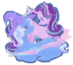 Size: 2372x2088 | Tagged: safe, artist:saskaw, imported from derpibooru, starlight glimmer, trixie, pony, unicorn, female, high res, horn, lesbian, looking at each other, looking at someone, lying down, mare, prone, shipping, simple background, smiling, smiling at each other, startrix, transparent background