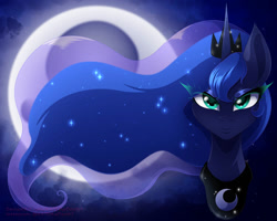 Size: 1000x800 | Tagged: safe, artist:katethedeath1, imported from derpibooru, princess luna, alicorn, pony, crown, ethereal mane, eyeshadow, female, head only, jewelry, long mane, looking at you, makeup, mare, moon, regalia, royalty, solo