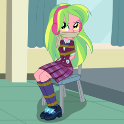 Size: 2000x2000 | Tagged: safe, artist:nie-martw-sie-o-mnie, imported from derpibooru, part of a set, lemon zest, human, equestria girls, bondage, chair, cloth gag, clothes, crystal prep academy uniform, female, femsub, gag, headphones, rope, rope bondage, school uniform, shoes, sitting, skirt, socks, solo, submissive