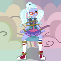 Size: 2500x2500 | Tagged: safe, artist:nie-martw-sie-o-mnie, imported from derpibooru, part of a set, sugarcoat, human, equestria girls, bondage, chair, cleave gag, cloth gag, clothes, converse, equestria girls specials, female, femsub, gag, my little pony equestria girls: dance magic, rope, rope bondage, shoes, sitting, skirt, sneakers, socks, solo, spread legs, spreading, submissive