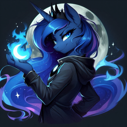 Size: 2048x2048 | Tagged: safe, imported from derpibooru, prompter:montaraz13, princess luna, alicorn, anthro, ai content, ai generated, black background, blue fire, clothes, crescent moon, crown, female, fire, generator:bing image creator, generator:dall-e 3, hand, holding, jacket, jewelry, long hair, magic, mare, moon, regalia, side view, simple background, smiling, smug, smug smile, solo, spell, wingless, wingless alicorn, wingless anthro