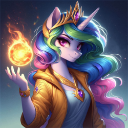 Size: 2048x2048 | Tagged: safe, imported from derpibooru, prompter:montaraz13, princess celestia, alicorn, anthro, ai content, ai generated, bracelet, clothes, crown, female, fireball, generator:bing image creator, generator:dall-e 3, gradient background, hand, holding, jacket, jewelry, long hair, magic, mare, necklace, regalia, smiling, solo, spell, sun, wingless, wingless alicorn, wingless anthro