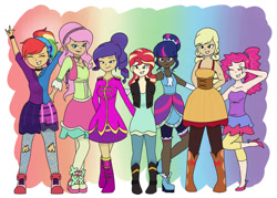 Size: 1023x731 | Tagged: safe, artist:aurorepeachie, imported from derpibooru, applejack, fluttershy, pinkie pie, rainbow dash, rarity, sci-twi, sunset shimmer, twilight sparkle, human, equestria girls, friendship through the ages, 2015, ancient wonderbolts uniform, clothes, country applejack, dark skin, female, folk fluttershy, human coloration, humane five, humane seven, humane six, light skin, multicolored hair, new wave pinkie, old art, rainbow hair, rainbow punk, sgt. rarity, tan skin