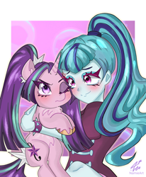 Size: 1206x1462 | Tagged: safe, artist:namieart, imported from derpibooru, aria blaze, sonata dusk, human, pony, unicorn, equestria girls, ariabetes, arisona, blushing, chest fluff, cross-popping veins, cute, duo, duo female, emanata, equestria girls ponified, female, frown, holding a pony, horn, hug, lesbian, one eye closed, passepartout, ponified, shipping, smiling, sonatabetes, unshorn fetlocks