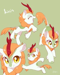 Size: 960x1200 | Tagged: safe, artist:sion, imported from derpibooru, autumn blaze, kirin, female, looking at you, simple background, smiling, solo, text, tongue out