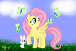 Size: 900x608 | Tagged: safe, artist:itiffanyblue, imported from derpibooru, angel bunny, fluttershy, butterfly, pegasus, pony, rabbit, 2011, animal, artifact, female, mare