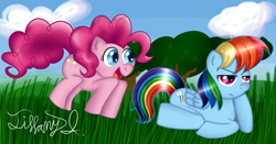 Size: 1024x535 | Tagged: safe, artist:itiffanyblue, imported from derpibooru, pinkie pie, rainbow dash, earth pony, pegasus, pony, anatomically incorrect, duo, duo female, female, grass, incorrect leg anatomy, mare, multicolored hair, rainbow hair, tree