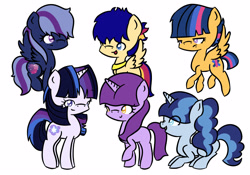 Size: 2500x1750 | Tagged: safe, artist:aurorepeachie, imported from derpibooru, oc, oc only, oc:andromeda, oc:nebula (aurorepeachie), oc:slumber party, oc:starburst, oc:starry gleam, oc:stella nova, alicorn, pegasus, pony, unicorn, female, horn, interdimensional siblings, offspring, parent:flash sentry, parent:twilight sparkle, parents:flashlight, siblings, simple background, sisters, white background