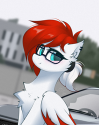 Size: 824x1042 | Tagged: safe, artist:rieyadraws, imported from derpibooru, oc, oc only, oc:aerobeat, pegasus, pony, blue eyes, blushing, car, chest fluff, colored wings, colored wingtips, ear fluff, ear piercing, glasses, hairband, looking at you, nissan, nissan gt-r, piercing, red hair, smiling, smiling at you, two toned mane, two toned wings, white coat, wings