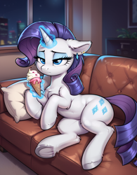 Size: 800x1024 | Tagged: safe, imported from derpibooru, rarity, pony, unicorn, ai content, ai generated, belly, chest fluff, clothes, couch, ear fluff, ear piercing, female, floppy ears, food, generator:pony diffusion v6 xl, generator:stable diffusion, horn, ice cream, levitation, magic, mare, piercing, prompter:thelight3d, solo, telekinesis, underwear, unshorn fetlocks