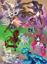 Size: 2138x2894 | Tagged: safe, artist:destiny_manticor, imported from derpibooru, tantabus, oc, oc only, oc:binghe, oc:crosshatch, oc:ectoplasm, oc:maxie, oc:princess sea swirl, oc:sabel, oc:solar flare, oc:summerfall, oc:zixxer, alicorn, bug pony, changeling, cloud pony, draconequus, hybrid, insect, kirin, merpony, original species, pegasus, plush pony, pony, unicorn, zebra, angel, cloud, colored wings, crystal wings, curly mane, curved horn, ethereal mane, ethereal tail, eyes closed, fangs, female, flying, horn, insect wings, jewelry, long mane, looking at each other, looking at someone, male, mare, mountain, no mouth, one eyed, plushie, ring, river, rock, sitting, smiling, stallion, standing, tail, transparent wings, two toned mane, two toned wings, unshorn fetlocks, water, wings